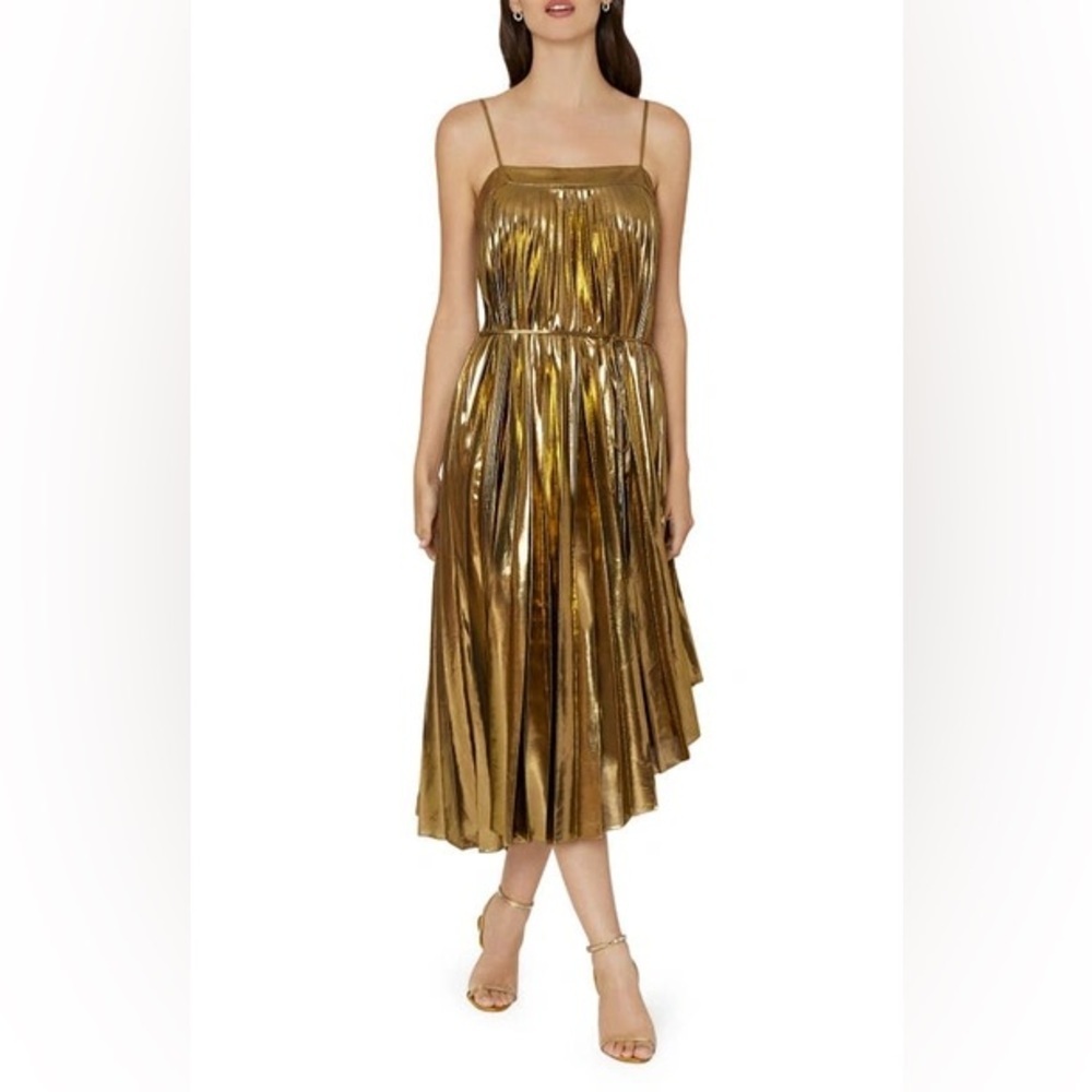 Milly New York Irene Metallic Gold Pleated Asymmetrical Dress Size 0